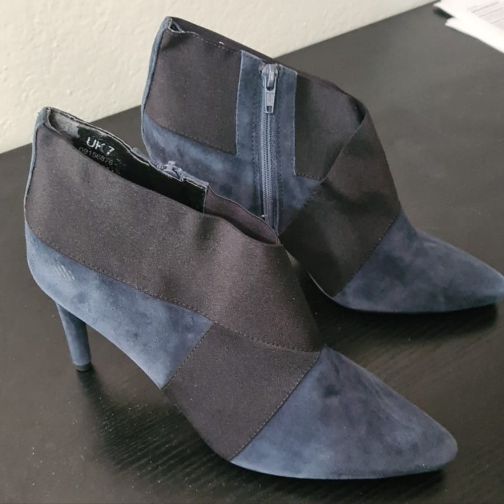 Blue Suede & Black Rubber Ankle Boots – High Heels, NWT (Size 9.5)